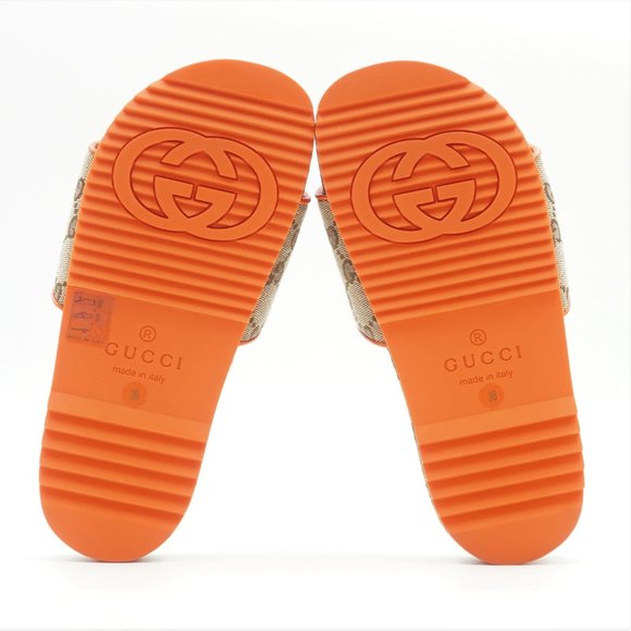 New in Blemished Box Women's The North Face x Gucci Beige & Orange Slides US 6 - Picture 13 of 16